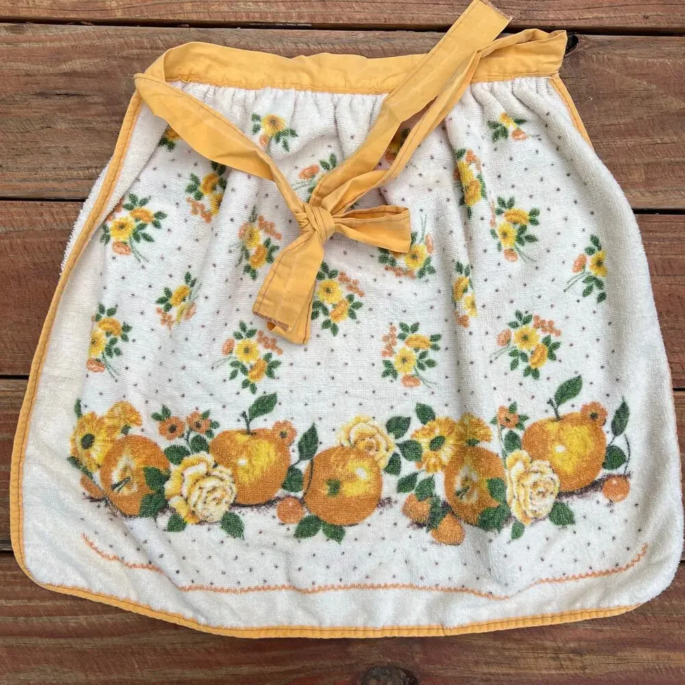 Vintage 70s Terrycloth Apron Fruit Floral Yellow Tie Back Retro Kitchen Hostess